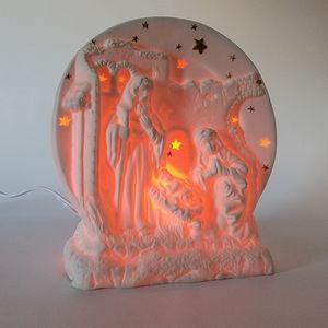"O Holy Night" Lamp Lighted Nativity Christmas Holiday Ceramic Stars Bethleham